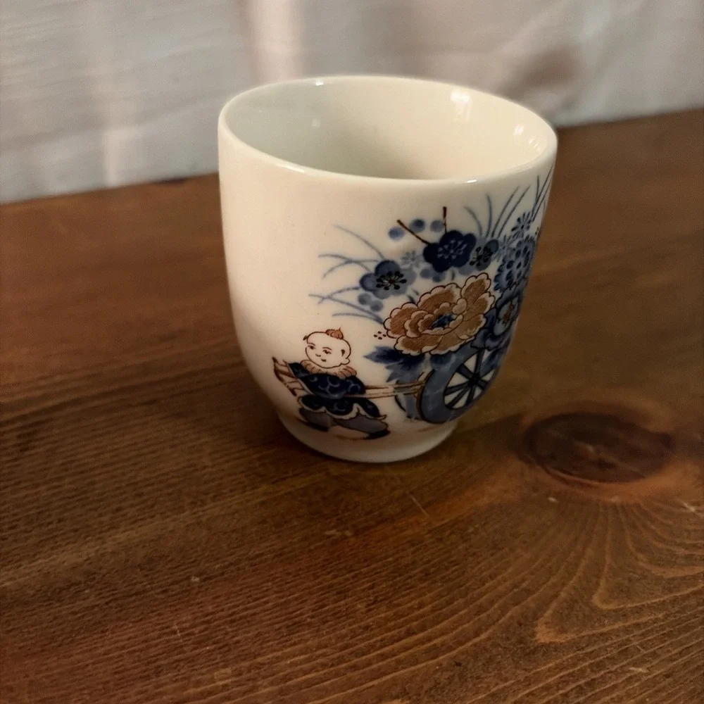 Vintage Norleans Japan Porcelain Tea Cups‎ Set of 2 Blue White Children Motif